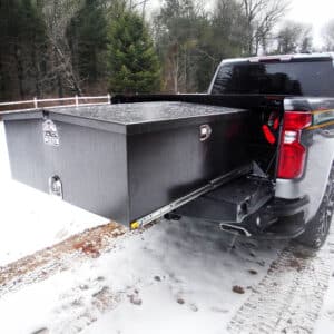 Mobile Kit Locker mounted in truck, side/rear view with MK decal