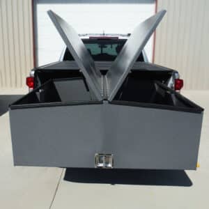Mobile Kit Locker mounted in truck, rear view with lids open