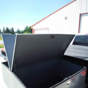 Mobile Kit Locker mounted in truck, side view and lids open